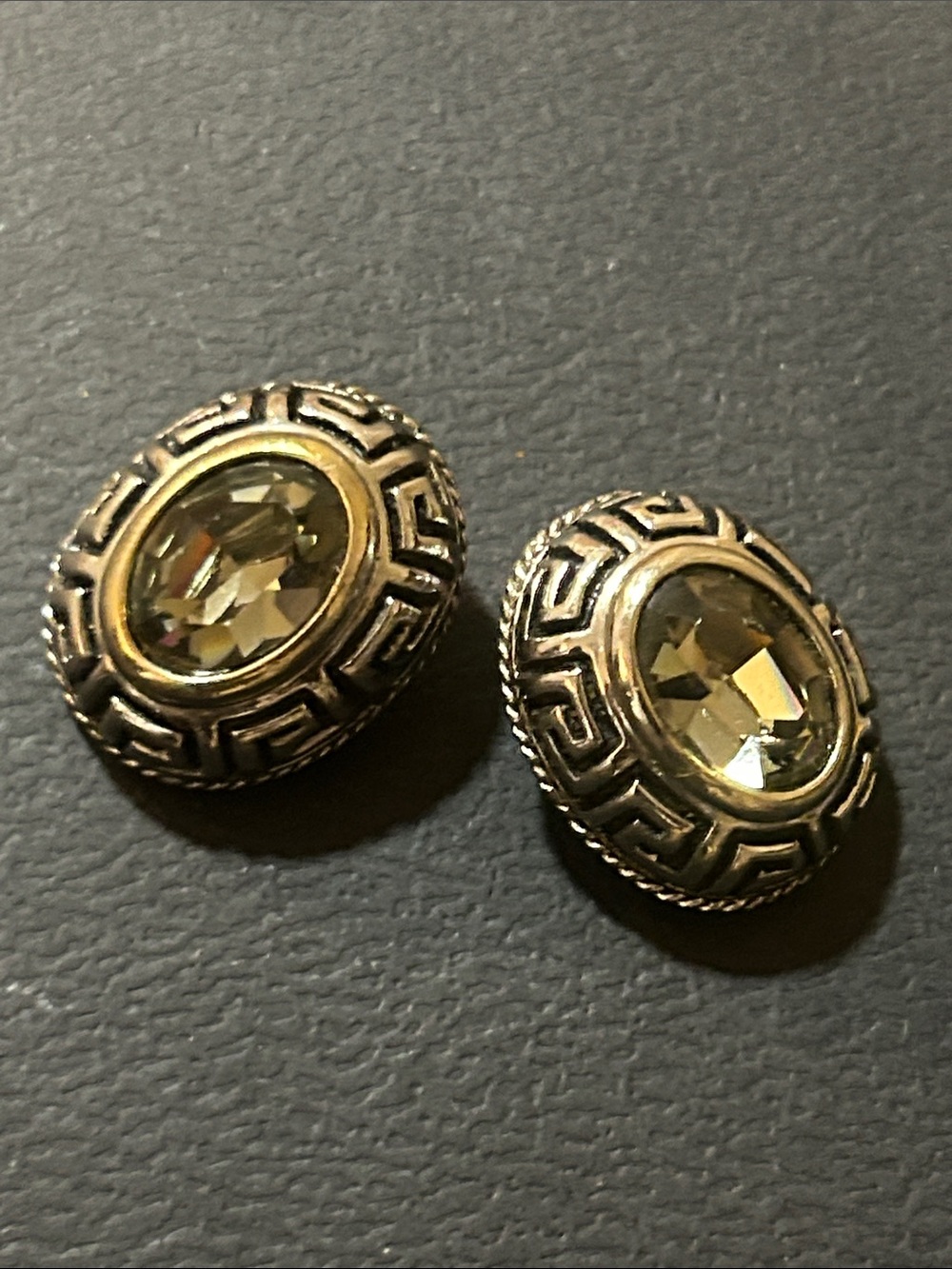VTG EARRINGS CLIP ON SIGNED JC TWO TONE CRYSTAL GLASS STONES BLACK ENAMEL A309